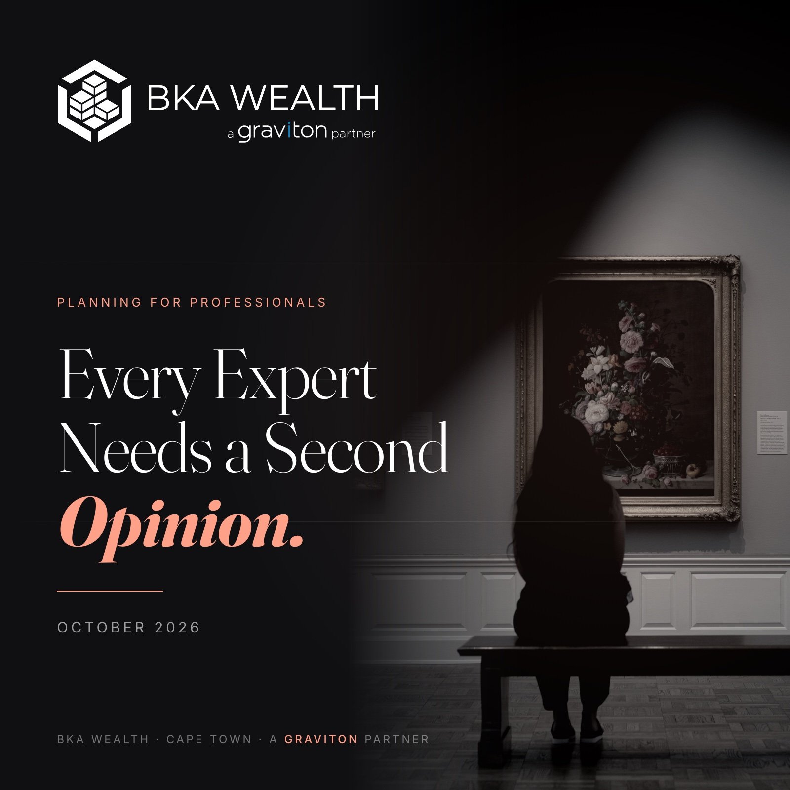 Every Expert Needs a Second Opinion &middot; October 2026 cover: a visitor seated on a bench, well back from a painting in a dark gallery